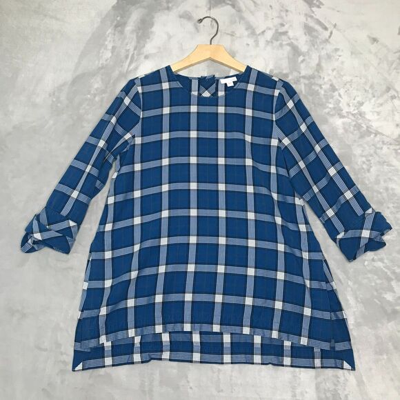 J. Jill Top Womens Small Blue Plaid Chambray 3/4 Sleeve A Line Hi Low Button - Picture 1 of 12